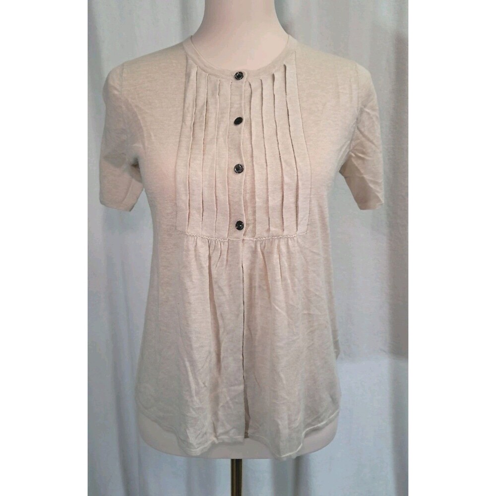 J.Crew Silk Linen Half Button Short Sleeve Pleated Front Cardigan Beige Size XS